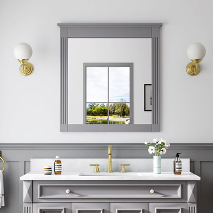 ANGELES HOME 33" x 32" Wall-Mounted Vanity Mirror, Solid Wooden Framed Makeup Mirror, Bathroom Wall Mirror for Bedroom Living Room Entryway, White