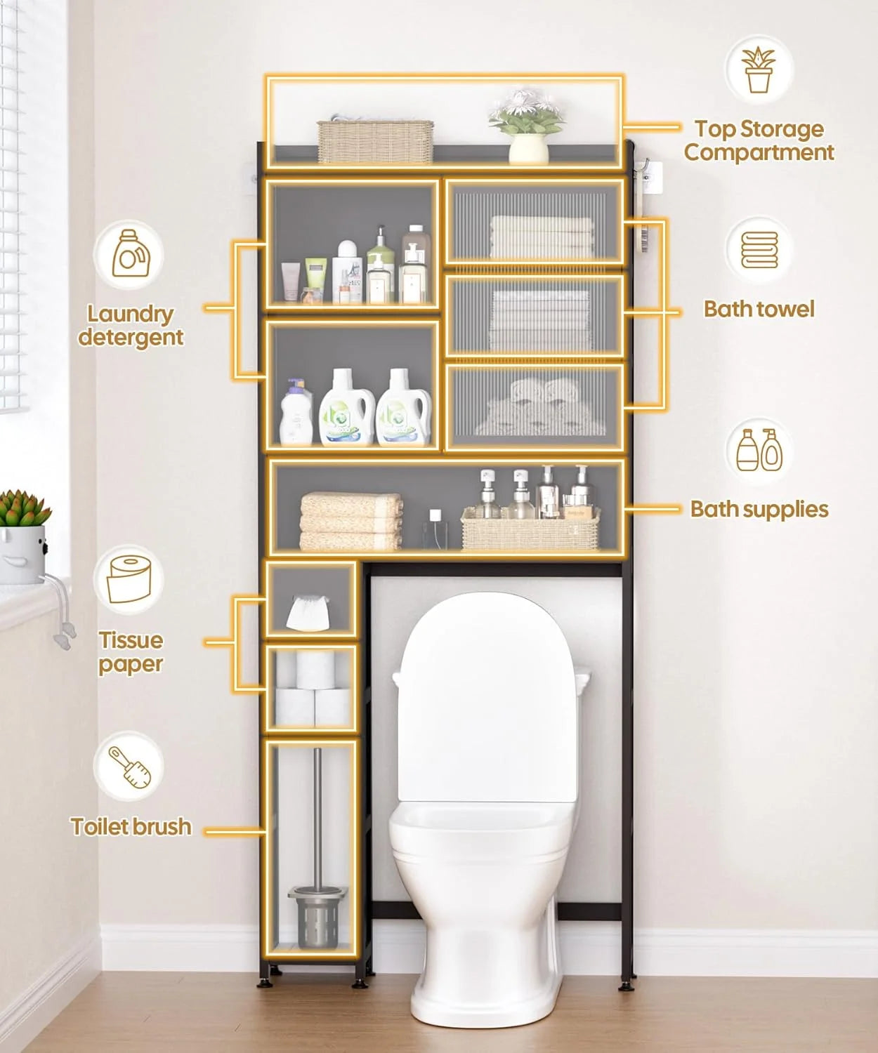 Over The Toilet Storage Cabinet with Acrylic Door Panel and Paper Towel Drawer, Bamboo Space Saver Shelf, Bathroom Organizer Rack Above WC (Without Power Strip, Brown)