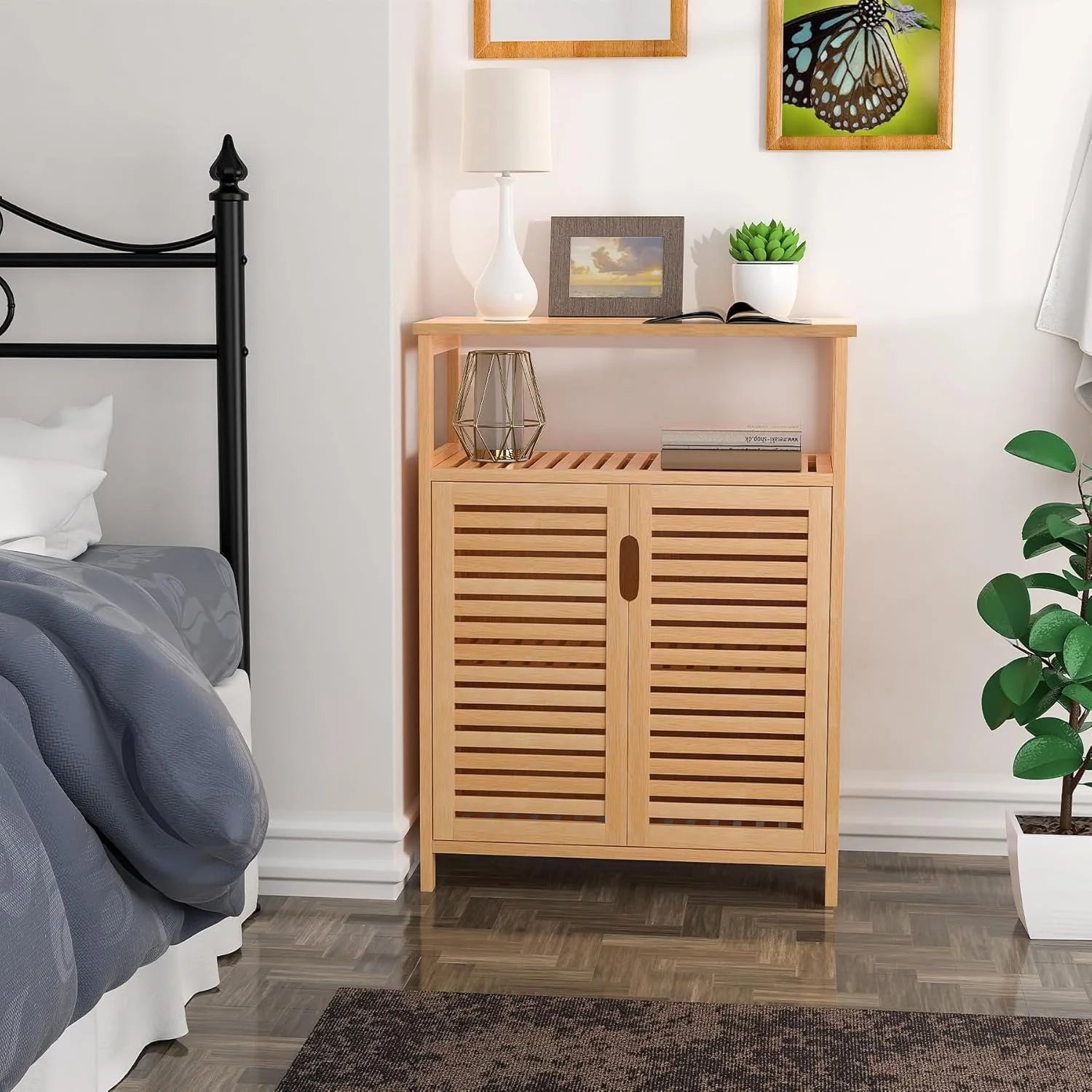 Bamboo Bathroom Storage Cabinet with 2 Doors, Bathroom Floor Freestanding Cabinets Organizer for Living Room, Kitchen, Entryway