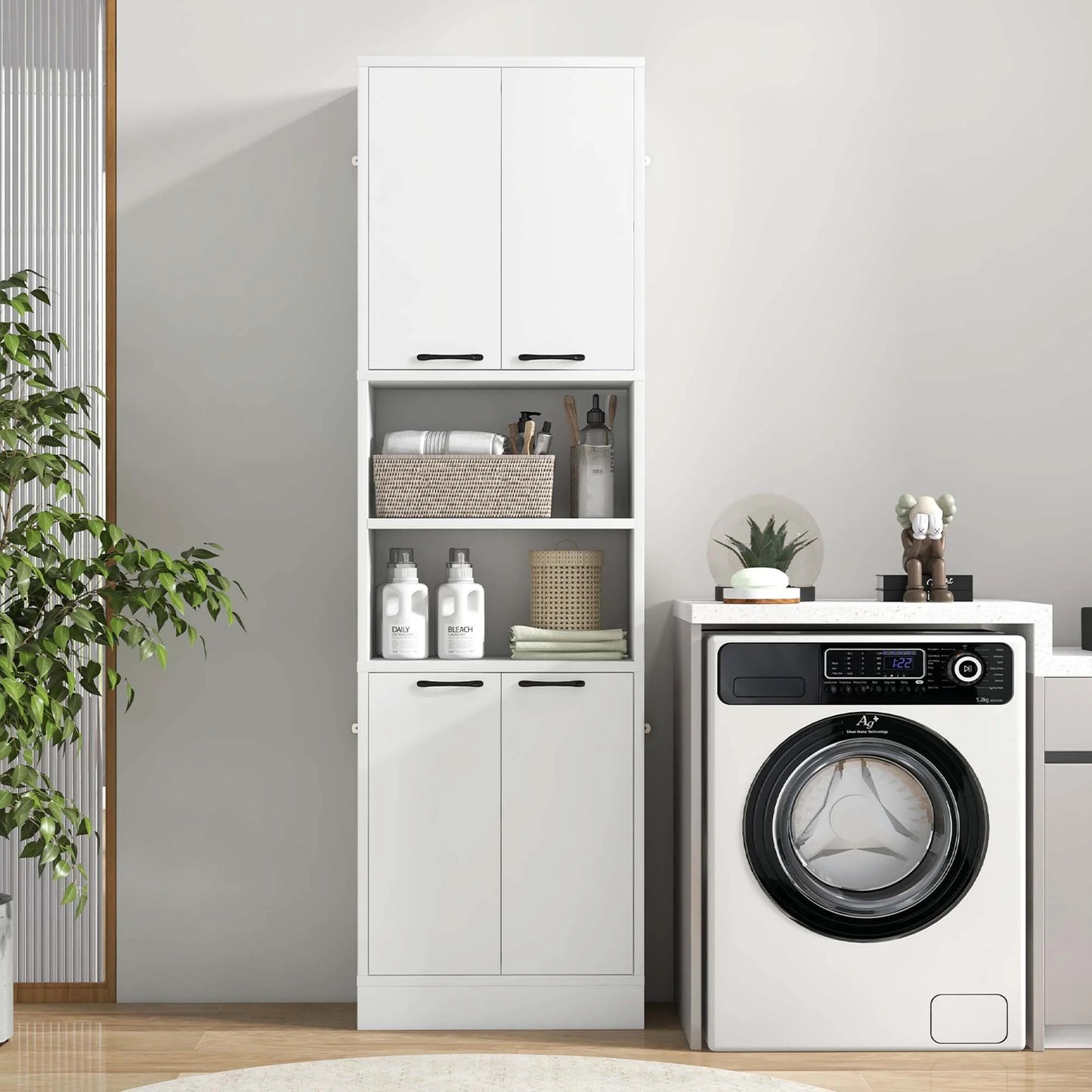 Costway 75" Tall Bathroom Storage Cabinet with 4 Doors & 2 Open Compartments Freestanding White