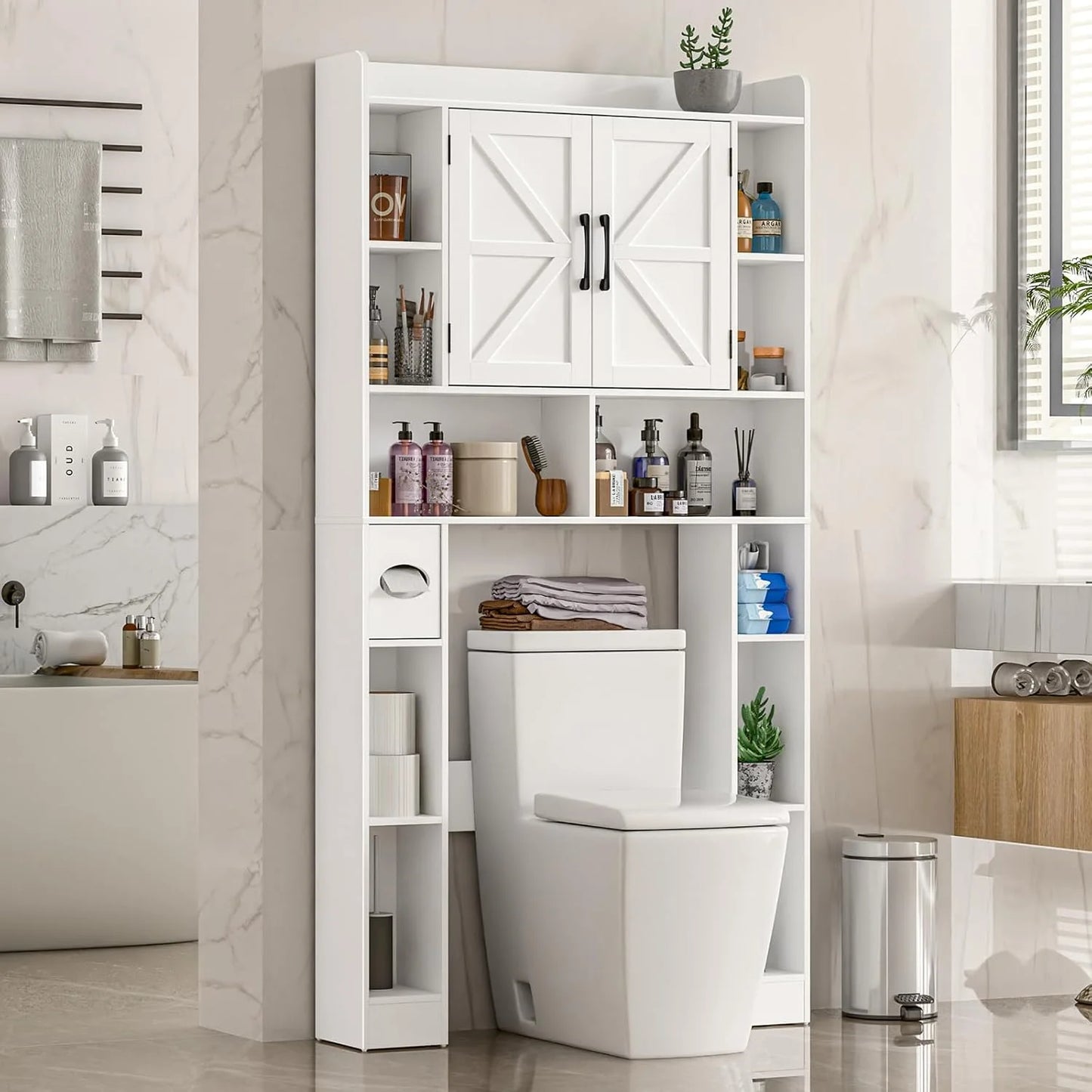 Vabches Over The Toilet Storage Cabinet, Freestanding Bathroom Space Saver with Adjustable Shelf and 2 Doors
