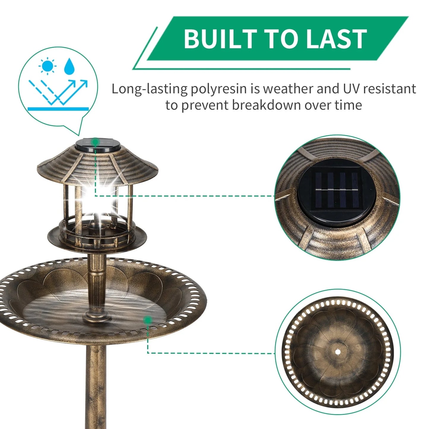 Zimtown Courtyard 42 Inch Bird Bath w/ Solar Light Garden Decor