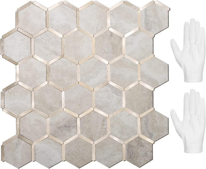 Hexagon Peel and Stick on Backsplash for Kitchen and Bathroom, White Marble Look PVC Mixed Metal Gold Self Adhesive Metal Mosaic Tiles(10 Sheets, Seamless)