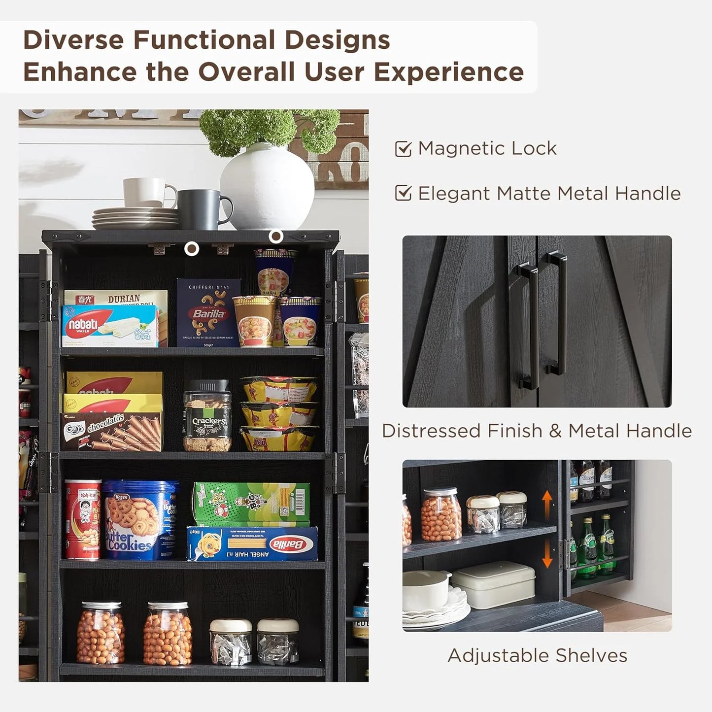 47" Kitchen Pantry, Farmhouse Storage Cabinet with Barn Doors, Organizer and Adjustable Shelves, Rustic Wood Cupboard for Kitchen, Dining Room, Bathroom and Hallway, Black