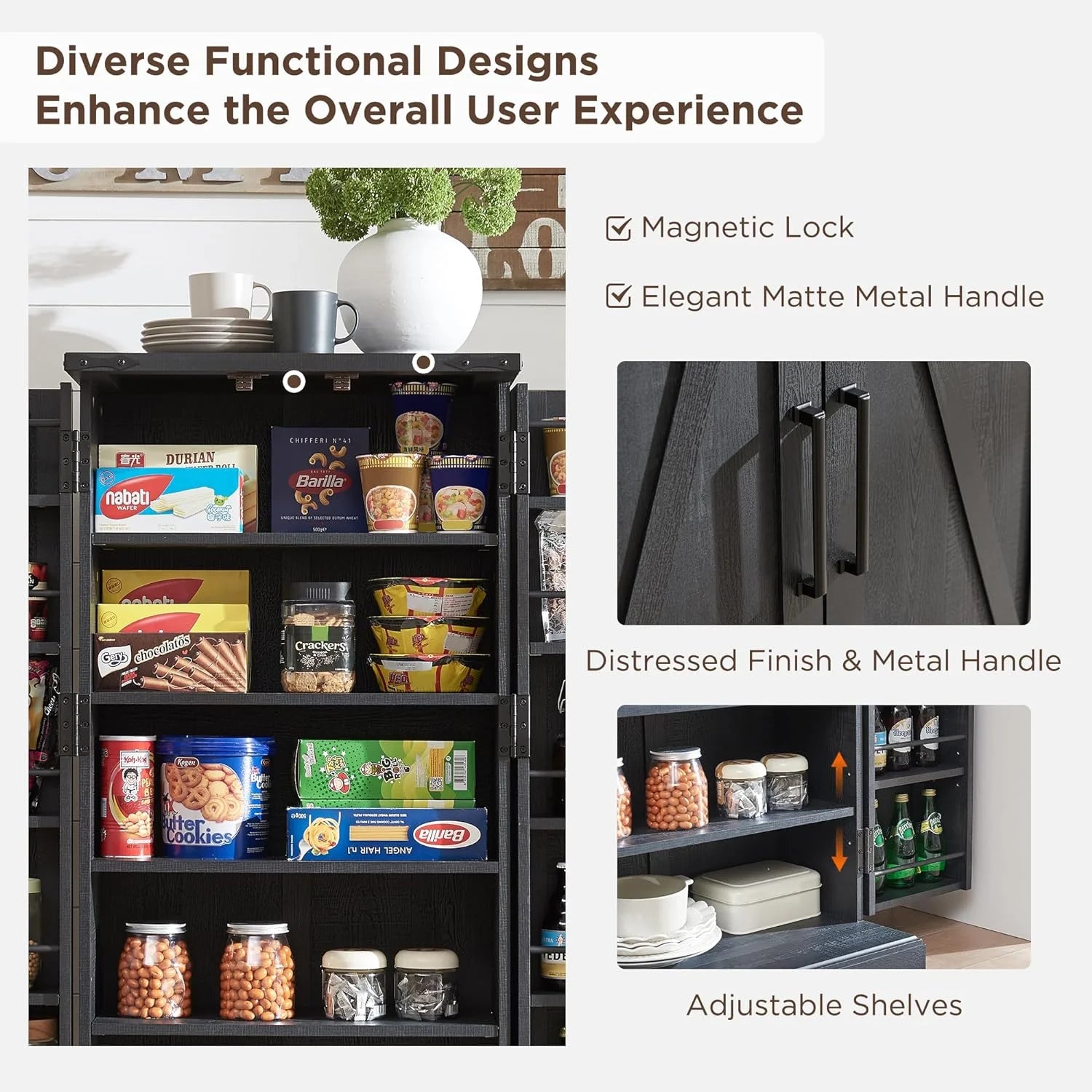 47" Kitchen Pantry, Farmhouse Storage Cabinet with Barn Doors, Organizer and Adjustable Shelves, Rustic Wood Cupboard for Kitchen, Dining Room, Bathroom and Hallway, Black