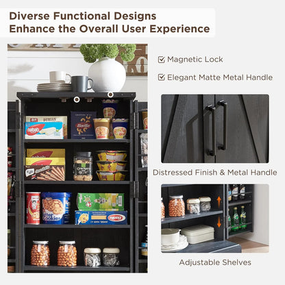47" Kitchen Pantry, Farmhouse Storage Cabinet with Barn Doors, Organizer and Adjustable Shelves, Rustic Wood Cupboard for Kitchen, Dining Room, Bathroom and Hallway, Black