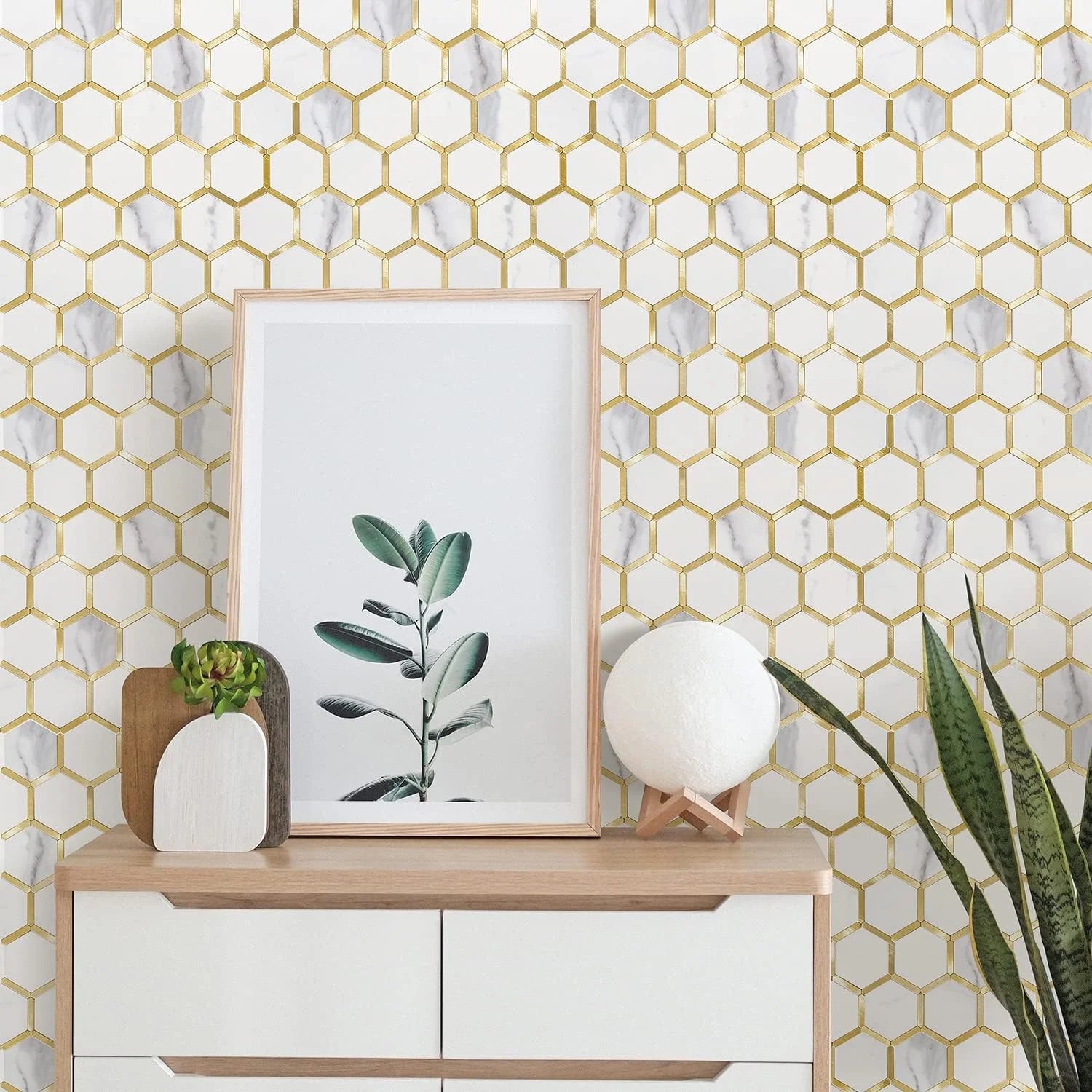 Hexagon Peel and Stick on Backsplash for Kitchen and Bathroom, White Marble Look PVC Mixed Metal Gold Self Adhesive Metal Mosaic Tiles(10 Sheets, Seamless)