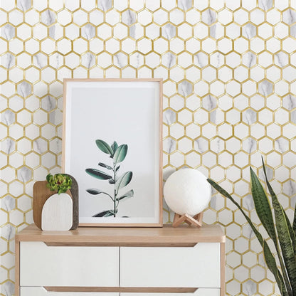 Hexagon Peel and Stick on Backsplash for Kitchen and Bathroom, White Marble Look PVC Mixed Metal Gold Self Adhesive Metal Mosaic Tiles(10 Sheets, Seamless)