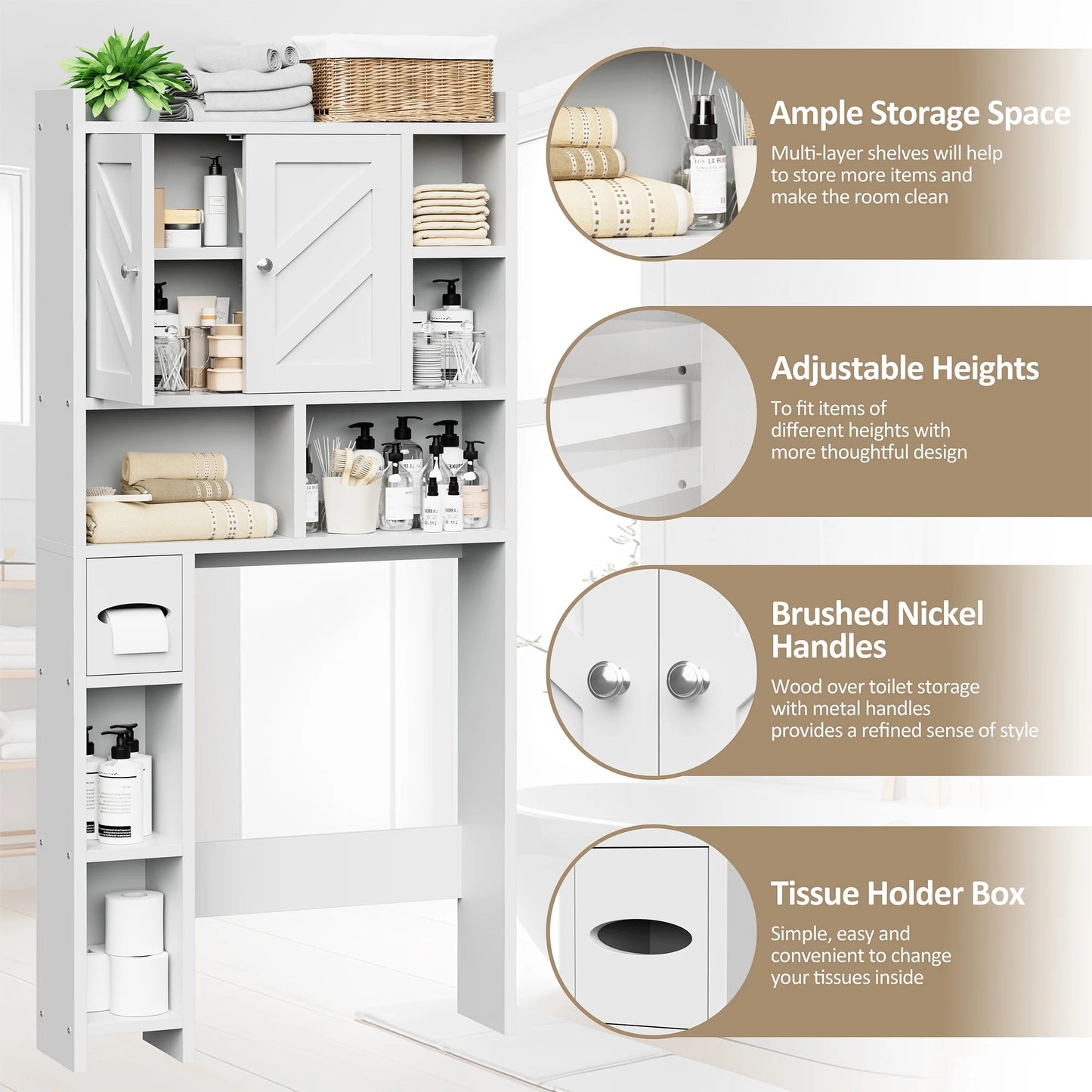 Walsunny Over the Toilet Storage Cabinets with Doors Side Shelves Toilet Paper Holder Stand Organizer Shelf Rack Space Saver above behind Toilet Freestanding for Bathroom Restroom Laundry Gray