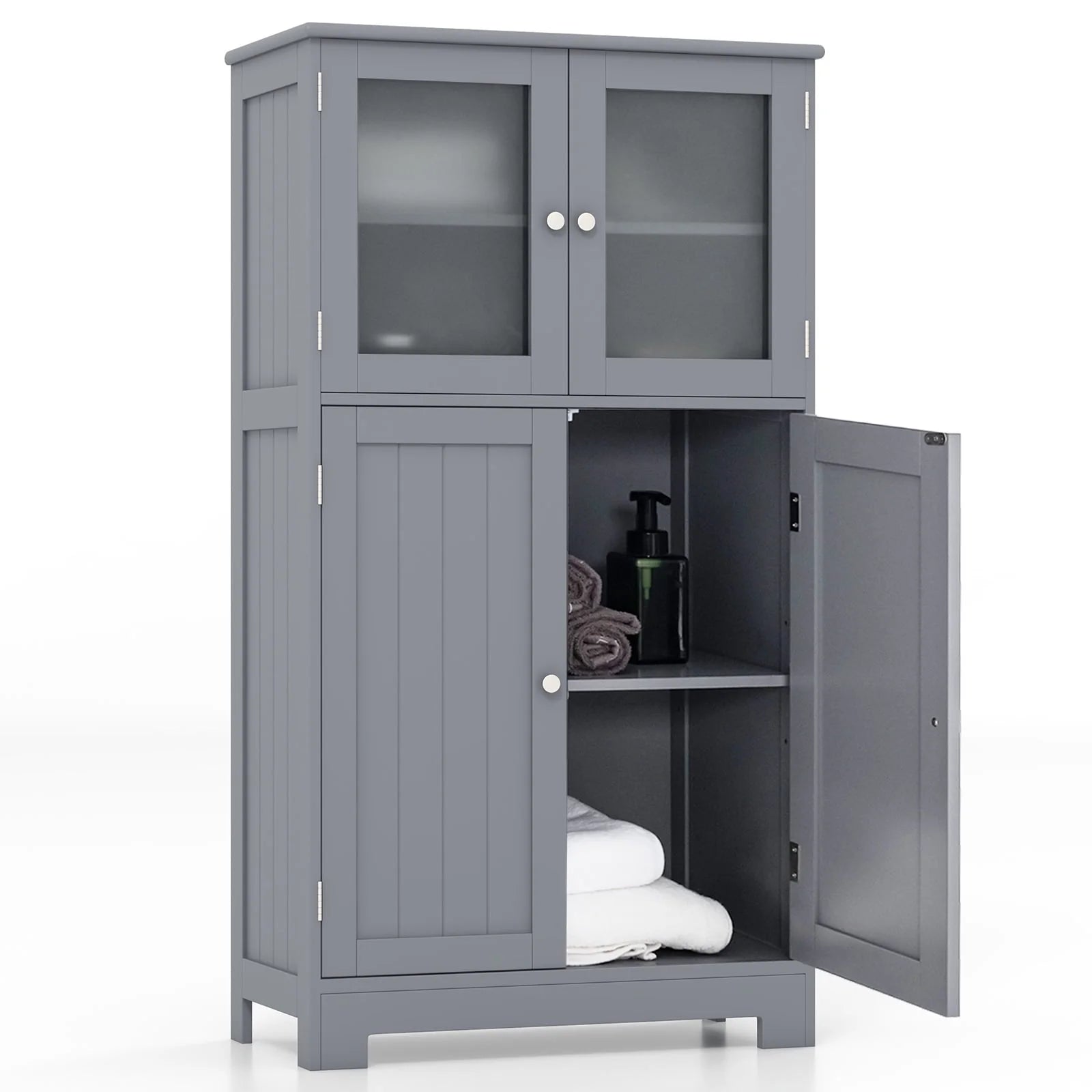 Topbuy Bathroom Storage Cabinet Freestanding Storage Cabinet w/ 4 Doors Wooden Kitchen Cupboard w/ Adjustable Shelf