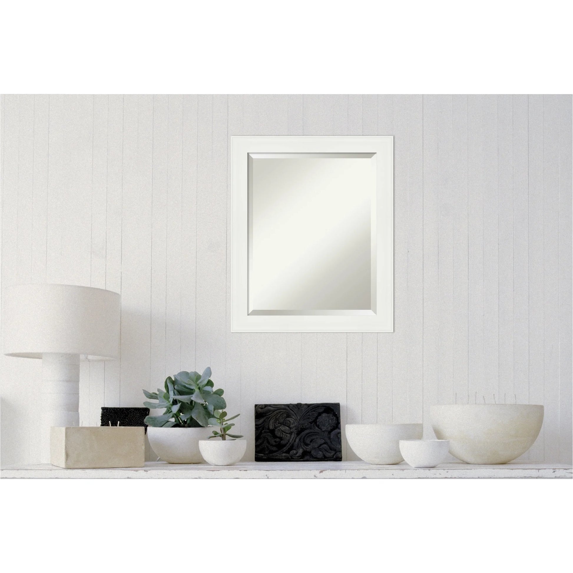 Vanity White Narrow Beveled Wood Bathroom Wall Mirror
