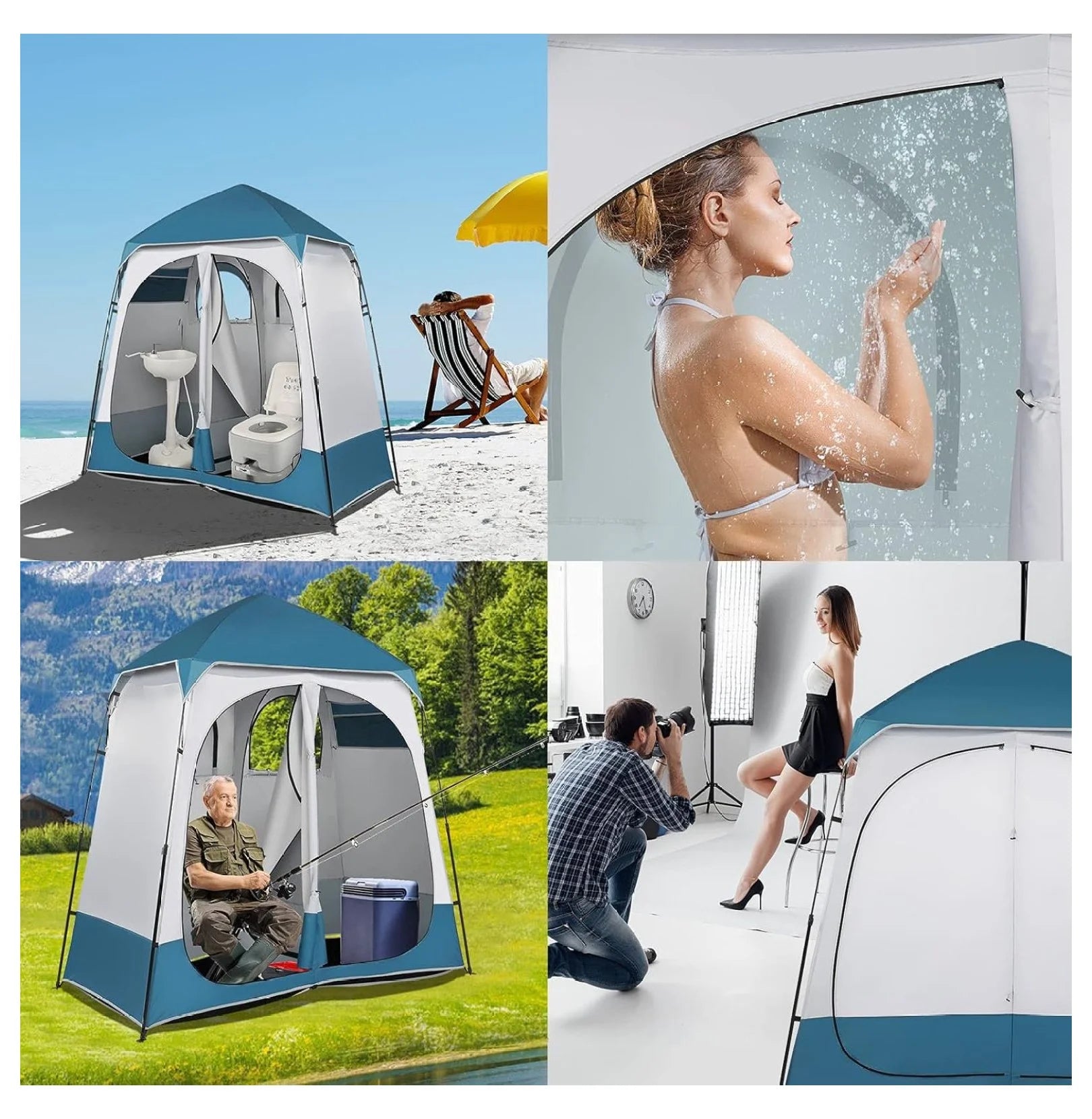 AetherLove Oversize 2 Rooms Shower Tent, 7.5 FT Outdoor Pop up Changing Room, Instant Extra Wide Privacy Shelter for Camping Dressing Toilet Bathroom with Carry Bag, Blue & White