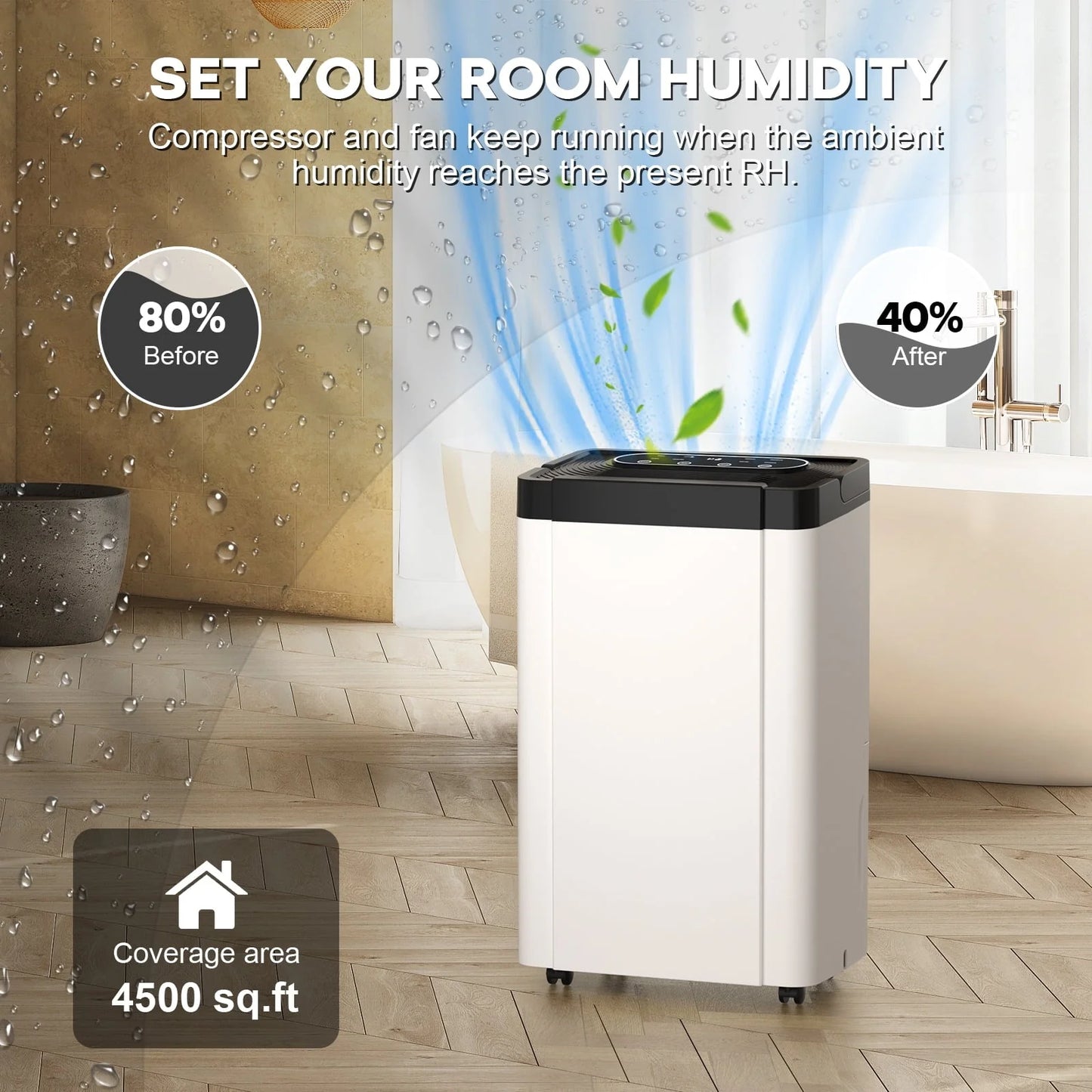 Rocyis 70 Pint 4,500 sq. ft. Dehumidifier for Home, Humidity with Auto Shut off, Auto Drain or Manual Drainage, 0.8 gal Water Tank Capacity for Basements, Bedroom, Bathroom