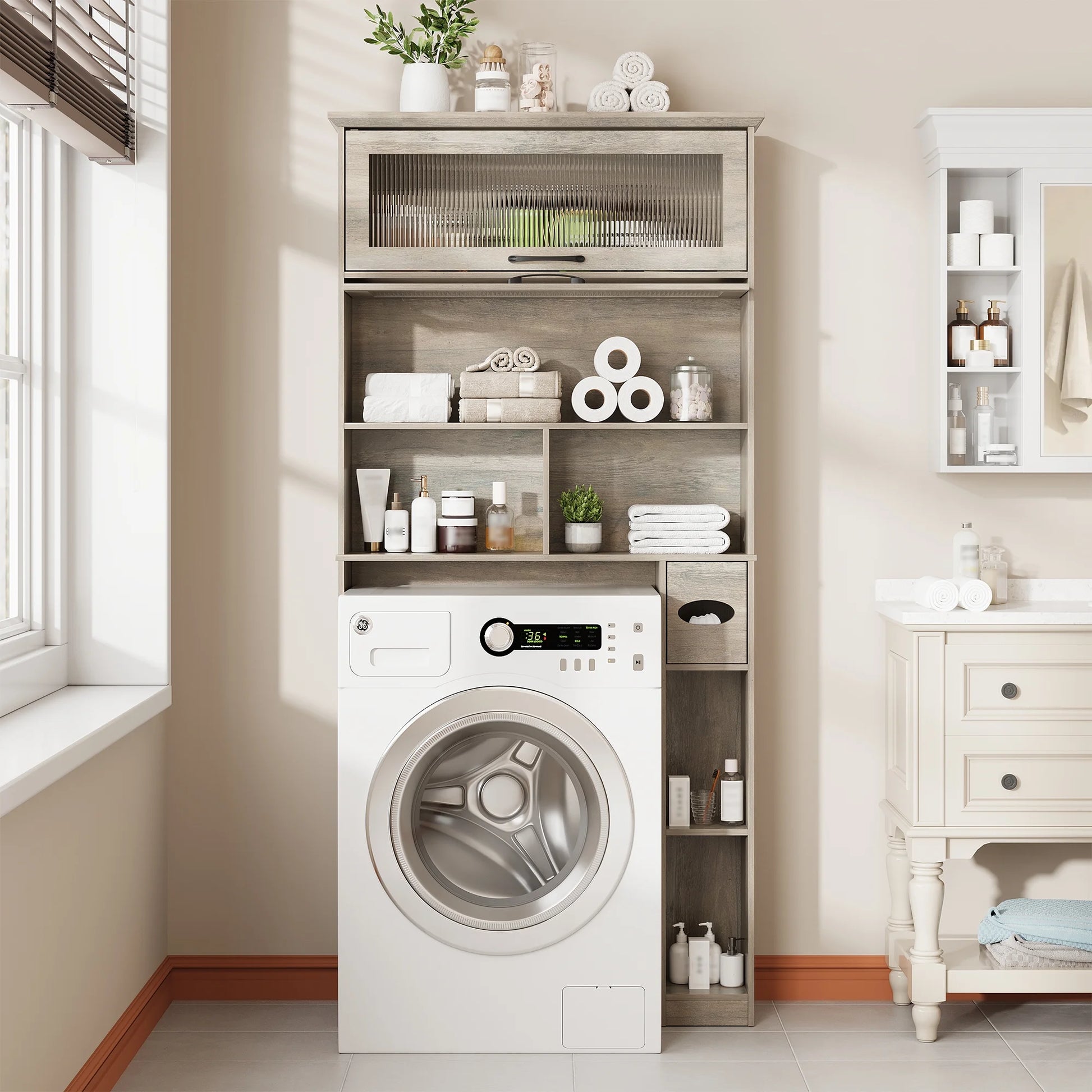 Vabches Over The Toilet Storage Cabinet with Transparent Flip Door, 33.2''W Bathroom Over Toilet Shelf Space Saver with Toilet Paper Holder