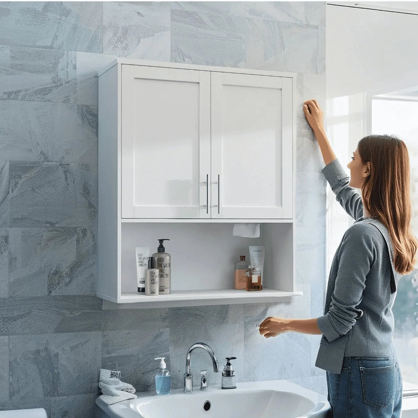 EBQOSK Wall Mounted Bathroom Cabinet, 31.5"D x 11.81"W x 37.8"H Vanity Mirror Cabinet with Facial Tissues Slot and Multifunctional Storage Area, Storage Cabinets for Laundry Bathroom White Style 2