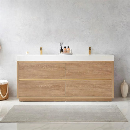 Huesca 72" Double Sink Bathroom Vanity Natural Oak Wood White Top No Mirror