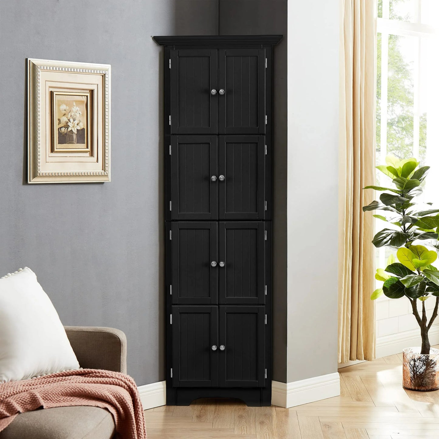 Royard Oaktree 72" Tall Corner Cabinet with 8 Doors and 4 Storage Shelves, Freestanding Bathroom Storage Cabinet, 4-tier Kitchen Pantry Storage Cabinet for Bathroom, Living Room, Office (Black)