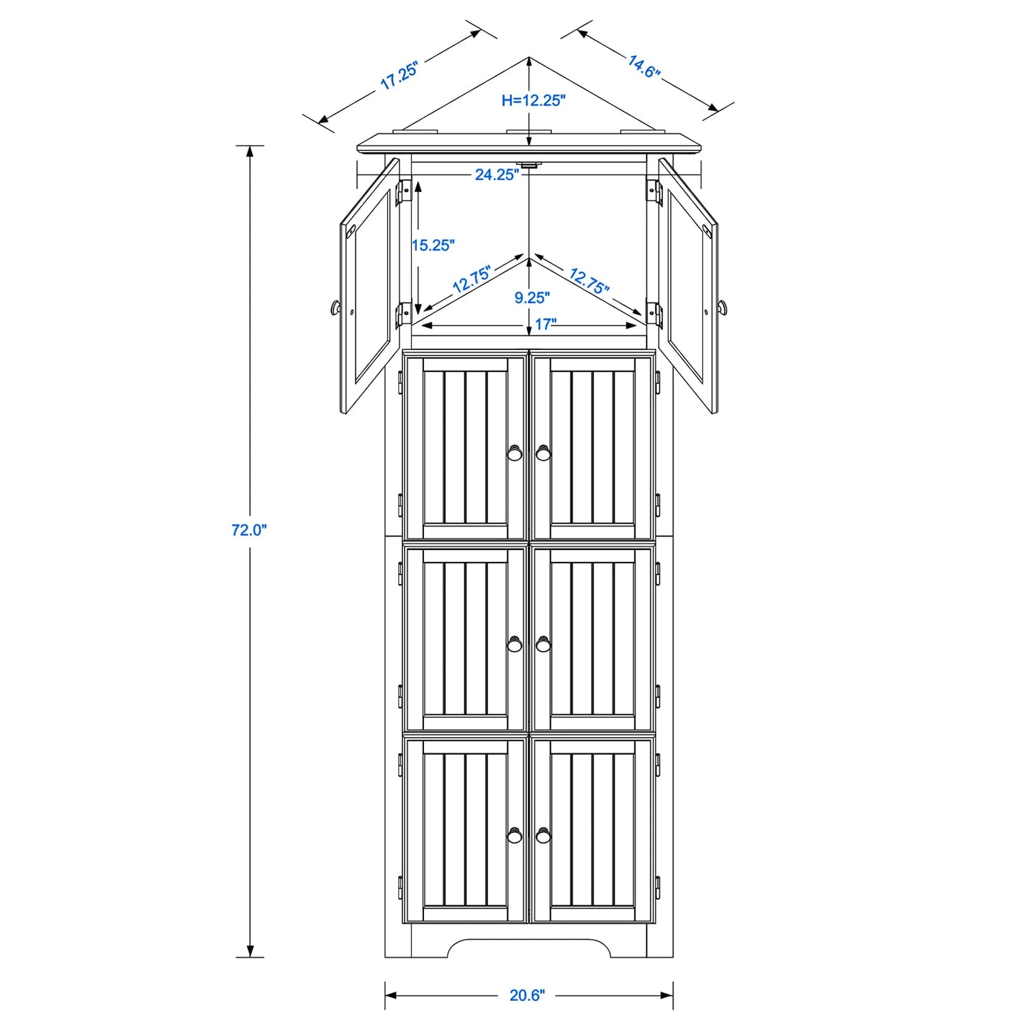 Royard Oaktree 72" Tall Corner Cabinet with 8 Doors and 4 Storage Shelves, Freestanding Bathroom Storage Cabinet, 4-tier Kitchen Pantry Storage Cabinet for Bathroom, Living Room, Office (Black)