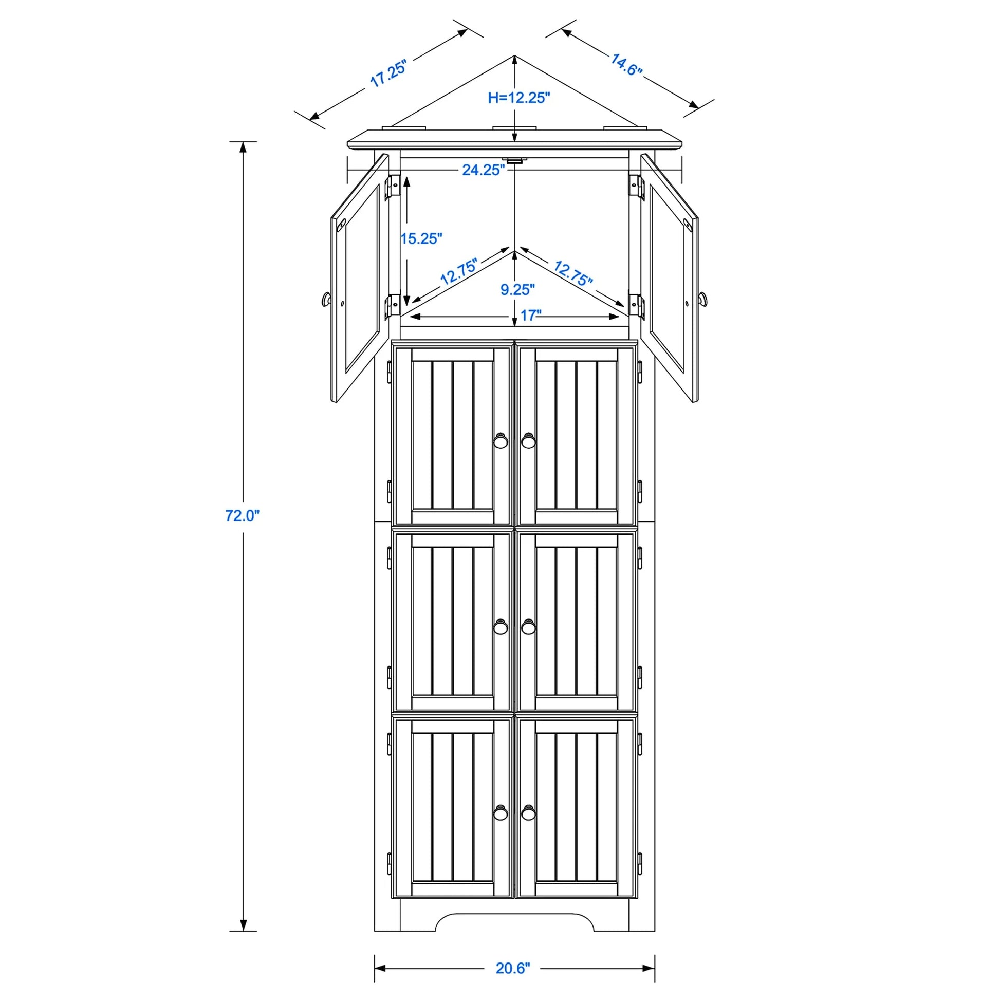 Royard Oaktree 72" Tall Corner Cabinet with 8 Doors and 4 Storage Shelves, Freestanding Bathroom Storage Cabinet, 4-tier Kitchen Pantry Storage Cabinet for Bathroom, Living Room, Office (Black)