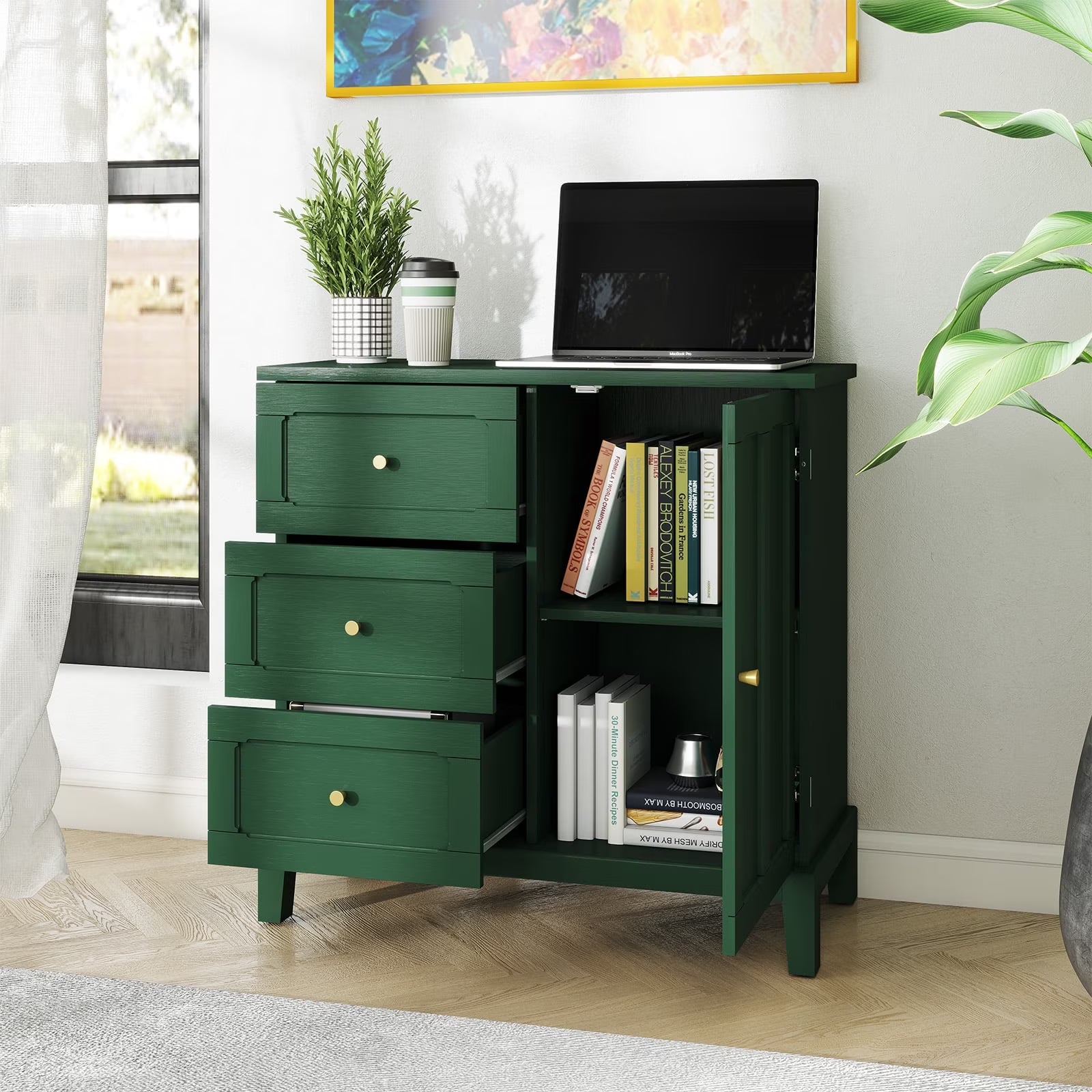 CBJCBJ 31.7"Storage Cabinet, Classical 3 Drawers & 1 Door Design with Gold-Tone Handles, Multi-Use Organizer for Living Room, Kitchen, Bathroom��BLUE)
