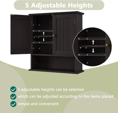 Brown Bathroom Cabinet Wall Mounted, Small Bathroom Medicine Cabinet with 2 Door Adjustable Shelves, Bathroom Wall Cabinet Over Toilet for Laundry Room Kitchen