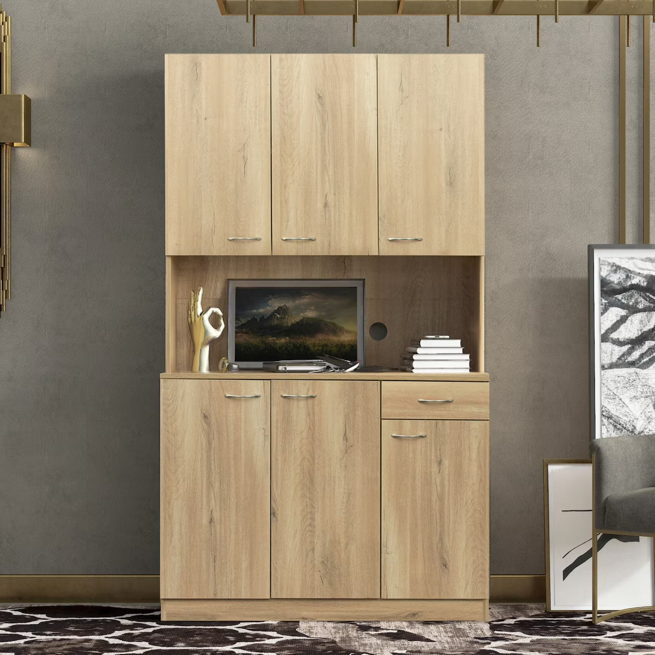 70.87" Tall Wardrobe & Kitchen Cabinet, Freestanding Storage Cabinets with 6 Doors, 1 Open Shelves and 1 Drawer, Versatile Floor Buffet Hutch Cupboard for Bedroom Bathroom Kitchen, Oak