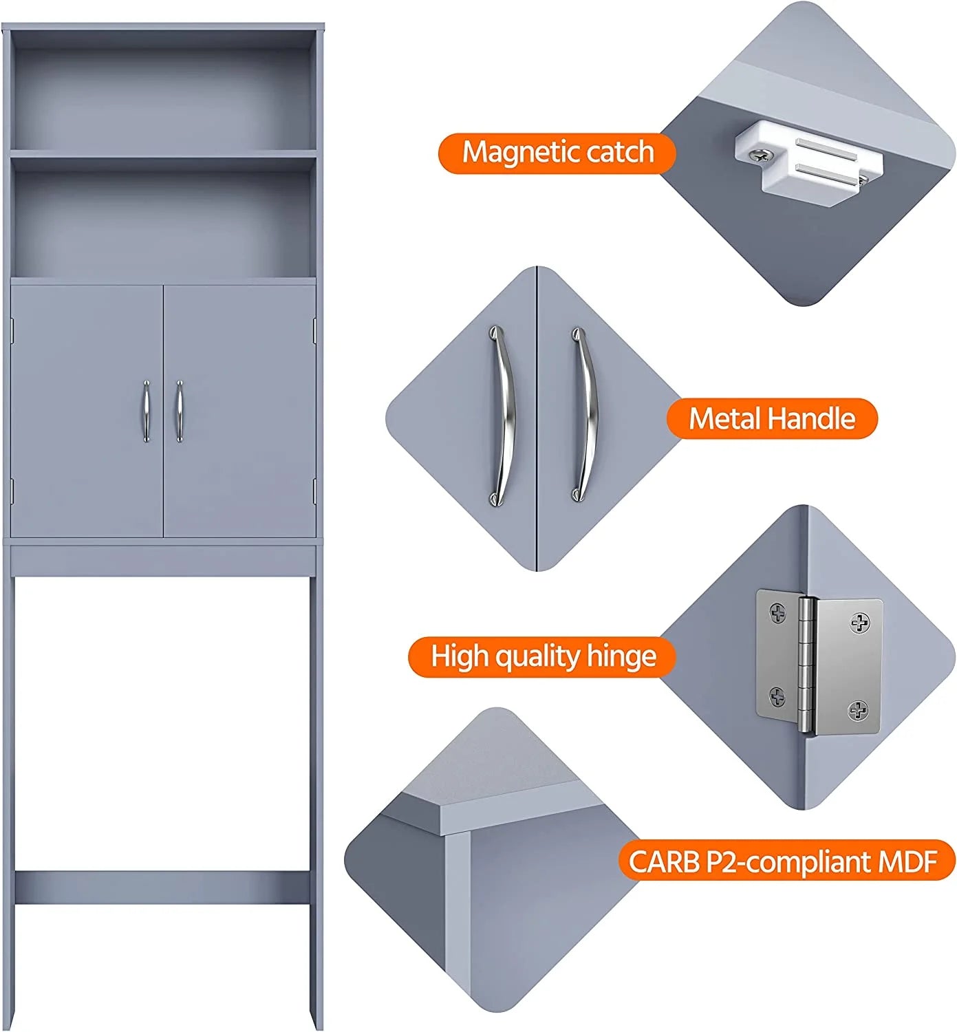 Tumis Over The Toilet Storage, Taller Bathroom Organizer Space-Saving Storage Cabinet with Adjustable Shelves and Double Doors, 77 in H, Grey