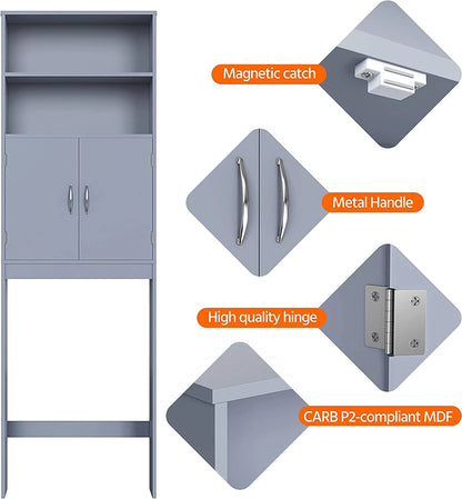 Tumis Over The Toilet Storage, Taller Bathroom Organizer Space-Saving Storage Cabinet with Adjustable Shelves and Double Doors, 77 in H, Grey