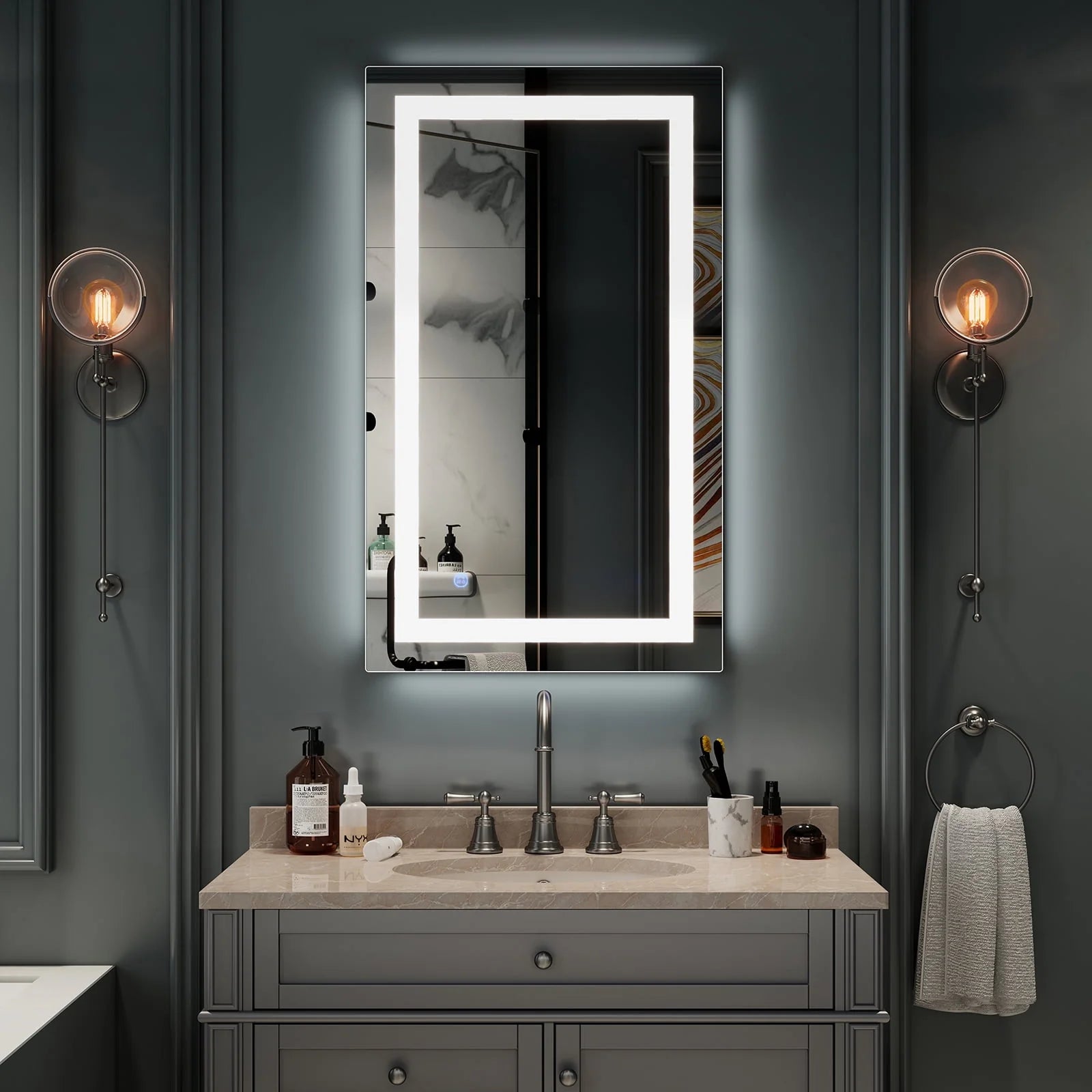 Ktaxon Anti-fog Wall Mounted Lighted Vanity Mirror LED Bathroom Mirror Anti Fog and IP67 Waterproof, Rectangle 40"x24" Silver