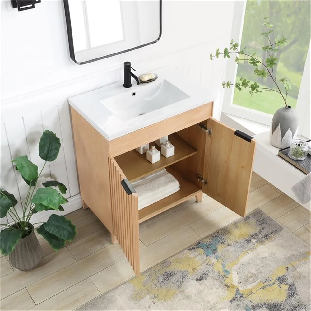 Palos 30" Single Bath Vanity in Fir Wood Brown with Drop-In White Ceramic Basin