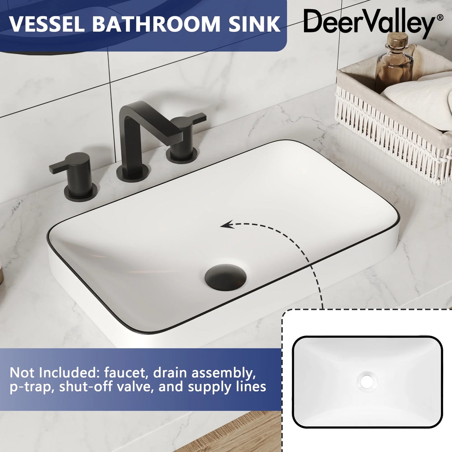 DV-1V0235 DeerValley Ally 19'' x 12'' Drop-In Bathroom Sink Semi-Recessed Vessel Sink Rectangular Above Counter Basin
