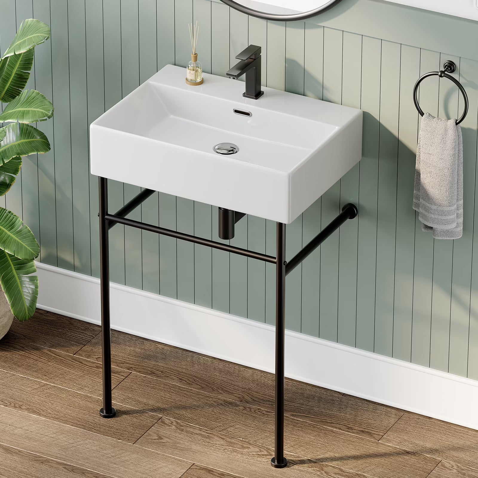 HOROW 24" Console Bathroom Sink,Free Standing 30 Inch Stainless Steel Support Pedestal Legs, Matte Black