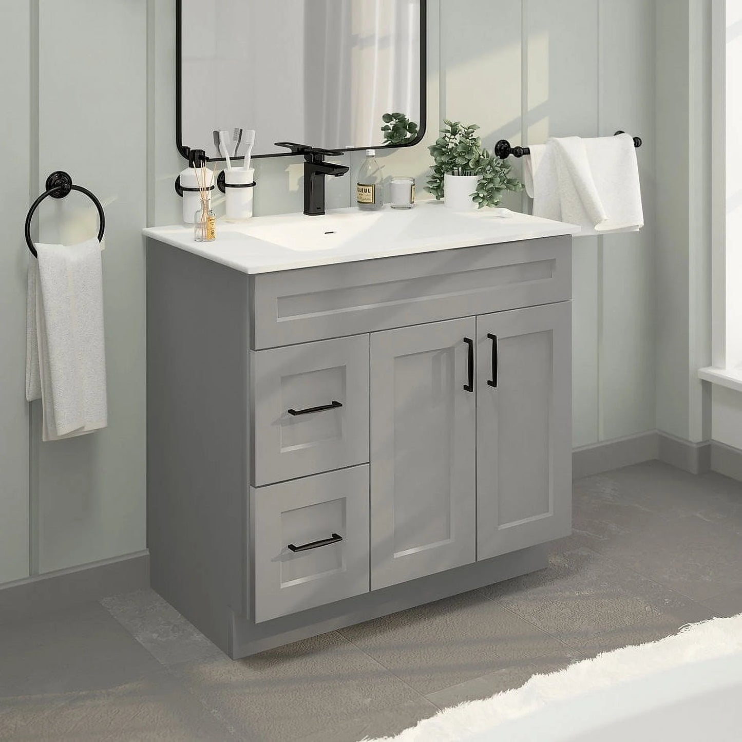 Light Grey Shaker Bathroom Vanity Sink Base with Drawers 36" Ready-to-Assemble Cabinet