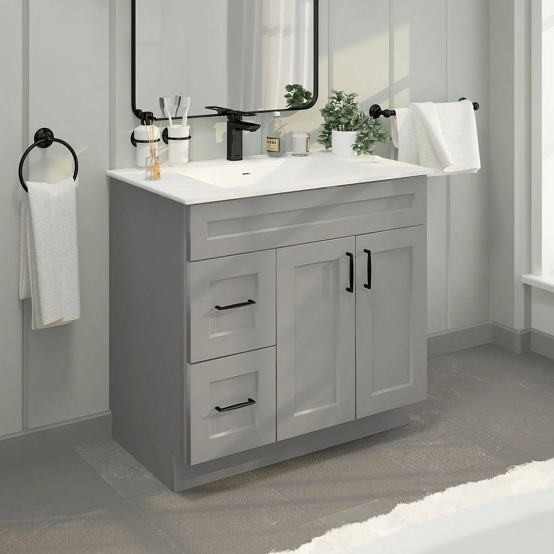 Light Grey Shaker Bathroom Vanity Sink Base with Drawers 36" Ready-to-Assemble Cabinet