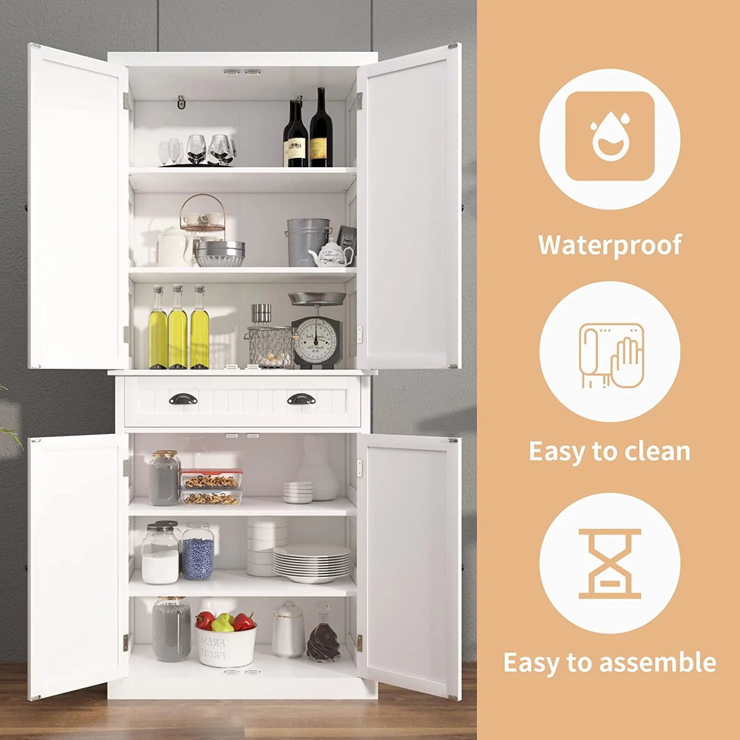 HLR 72 inches Kitchen Pantry Storage Cabinet, Pantry Cabinets with Drawer and Adjustable Shelves, Kitchen Pantry for Bathroom, Livingroom, Dining Room, White