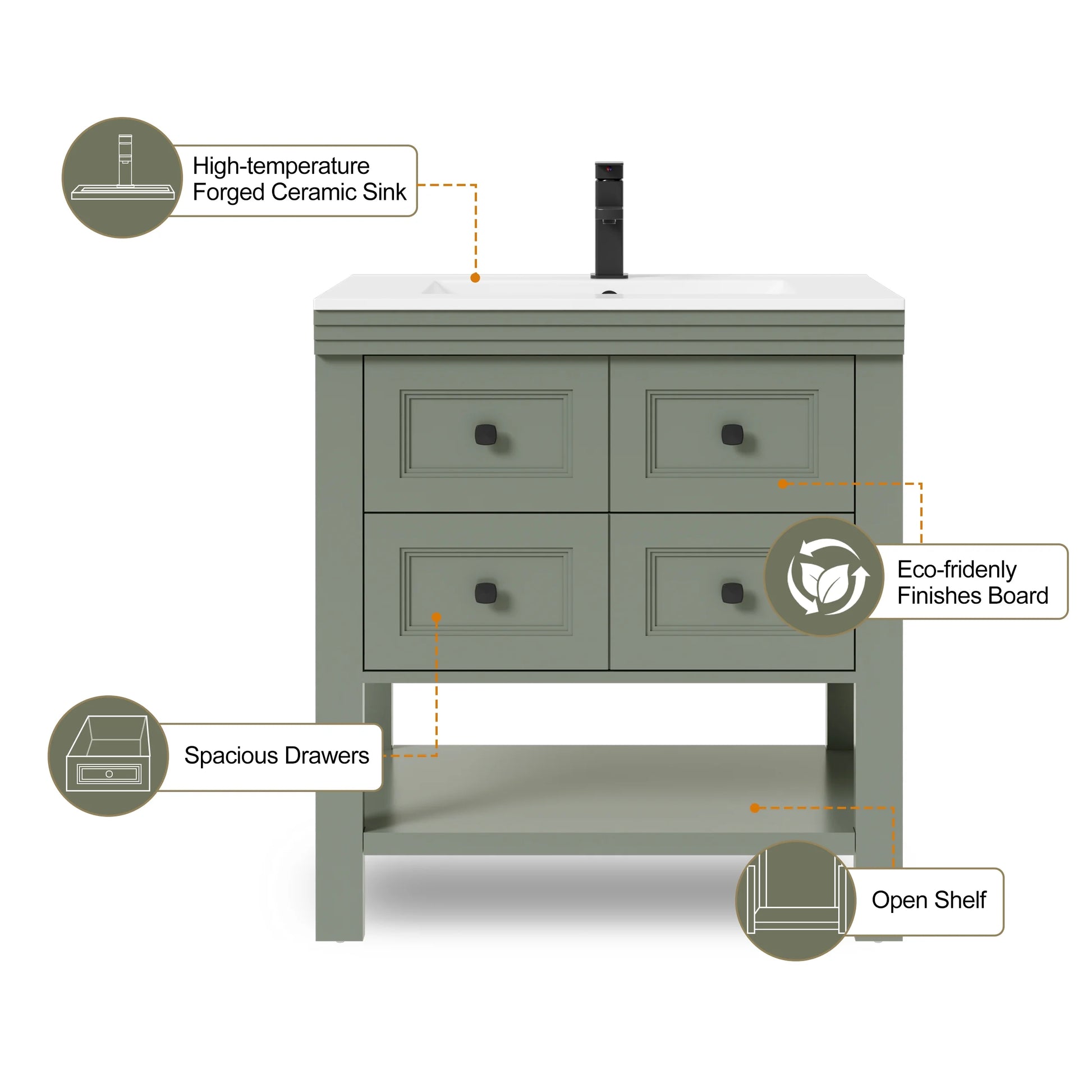 Eclife 30" Single Bathroom Vanity With Ceramic Sink Top, 2 Smooth Drawers, Faucet