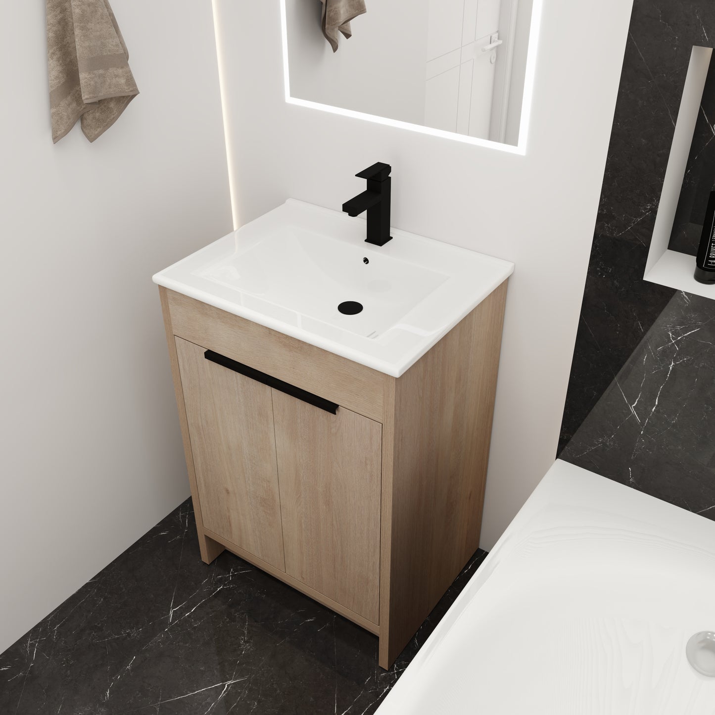 Holaki 24" Freestanding Bathroom Vanity with White Ceramic Sink & 2 Soft-Close Cabinet Doors, Plain Light Oak