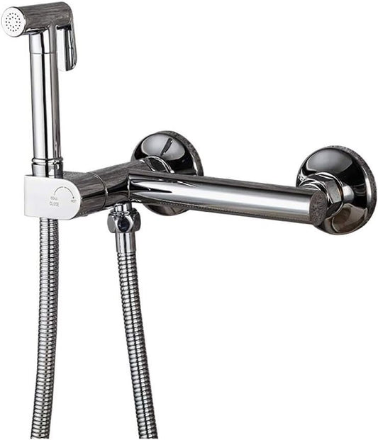 Handheld Bidet Sprayer for Toilet, Chrome Baby Cloth Diaper Washer Set Brass Bathroom Sprayer Kit Wall Mounted Bathroom Bidet Faucet with Hot and Cold Water, Anti Leaking Hose