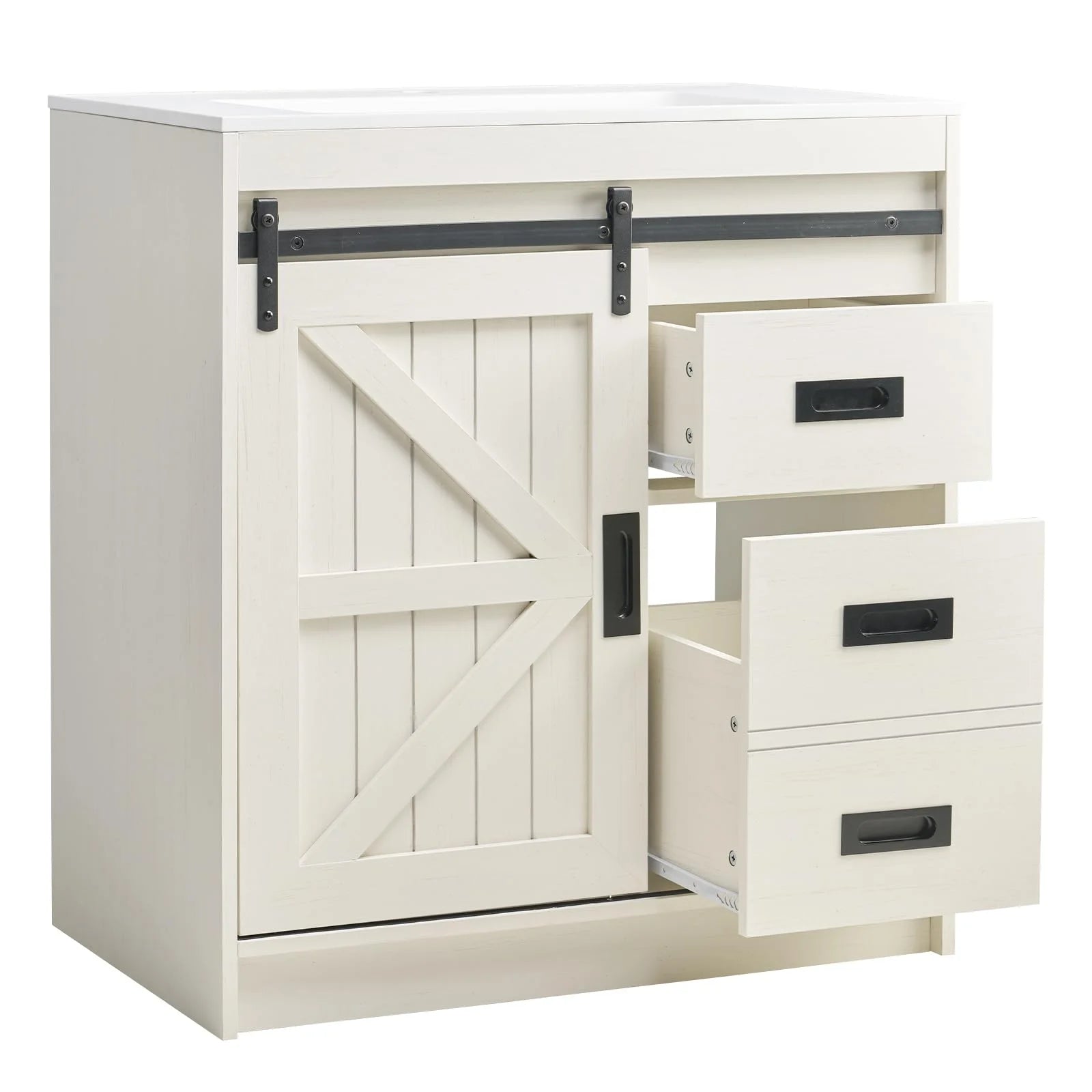VANACC 31" Farmhouse Sliding Barn Door Bathroom Vanity with Sink Combo, Bathroom Cabinet with Drawers & Metal Handles, Freestanding, Distressed White