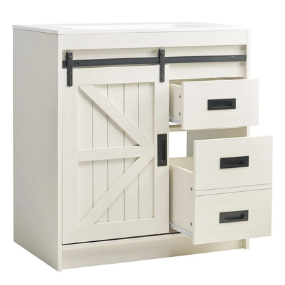 VANACC 31" Farmhouse Sliding Barn Door Bathroom Vanity with Sink Combo, Bathroom Cabinet with Drawers & Metal Handles, Freestanding, Distressed White