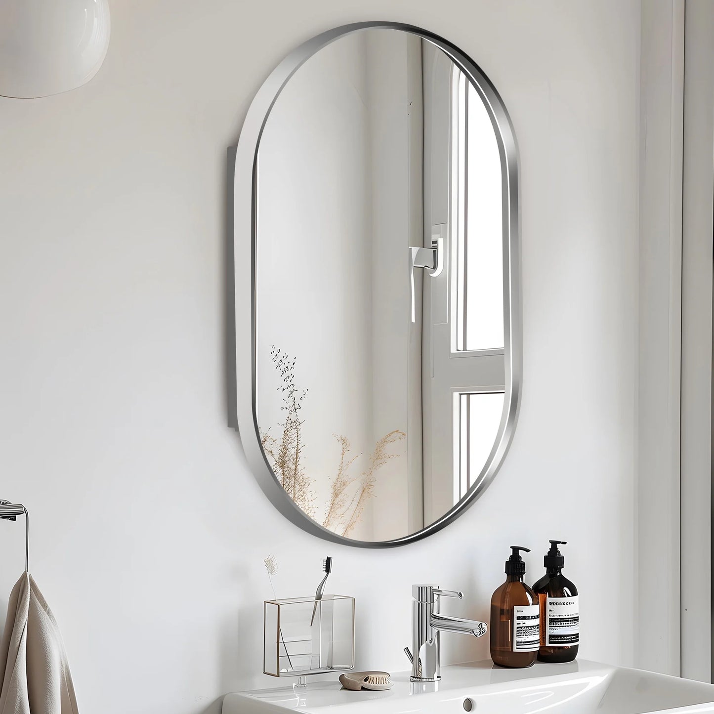 Soges Oval Bathroom Mirror Cabinet Medicine Cabinet Iron Frame with 2 Adjustable Shelves, Recess or Surface Mounted Installation, 34" x 20", Black