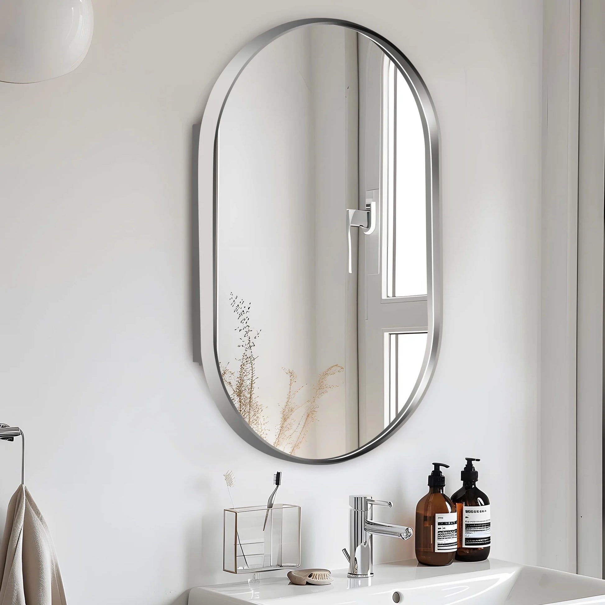 Soges Oval Bathroom Mirror Cabinet Medicine Cabinet Iron Frame with 2 Adjustable Shelves, Recess or Surface Mounted Installation, 34" x 20", Black