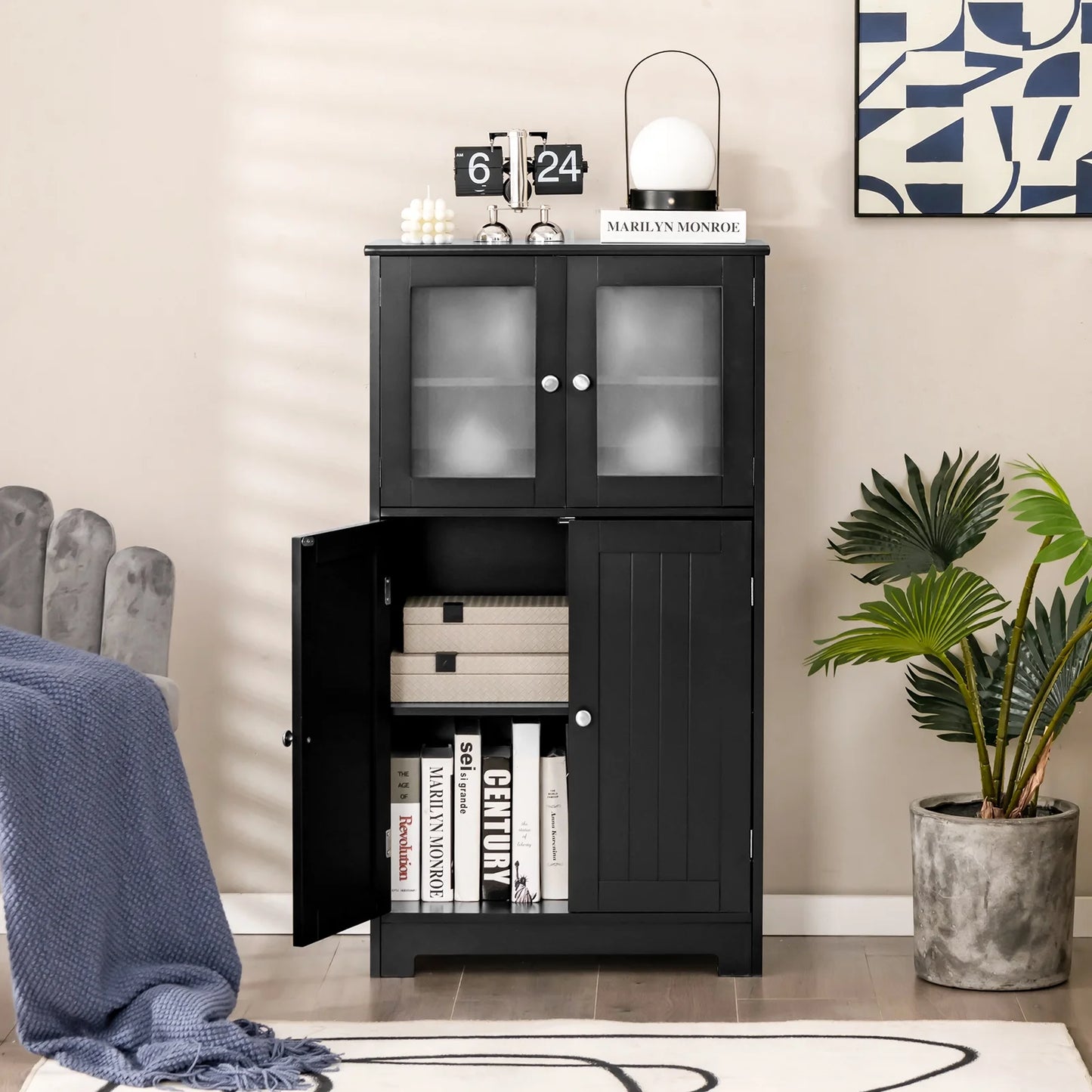 Costway Bathroom Floor Storage Cabinet Kitchen Cupboard w/Doors&Adjustable Shelf Black