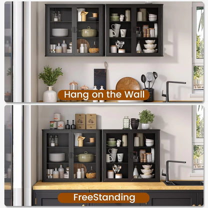 56" Black Wall Storage Cabinets,Kitchen Wall Cabinets with Glass Doors,Over The Toilet Storage Cabinets with Tempered Glass, Upper cabinets for Launtry, Kitchen,Bathroom, 28 inch X 2PCS