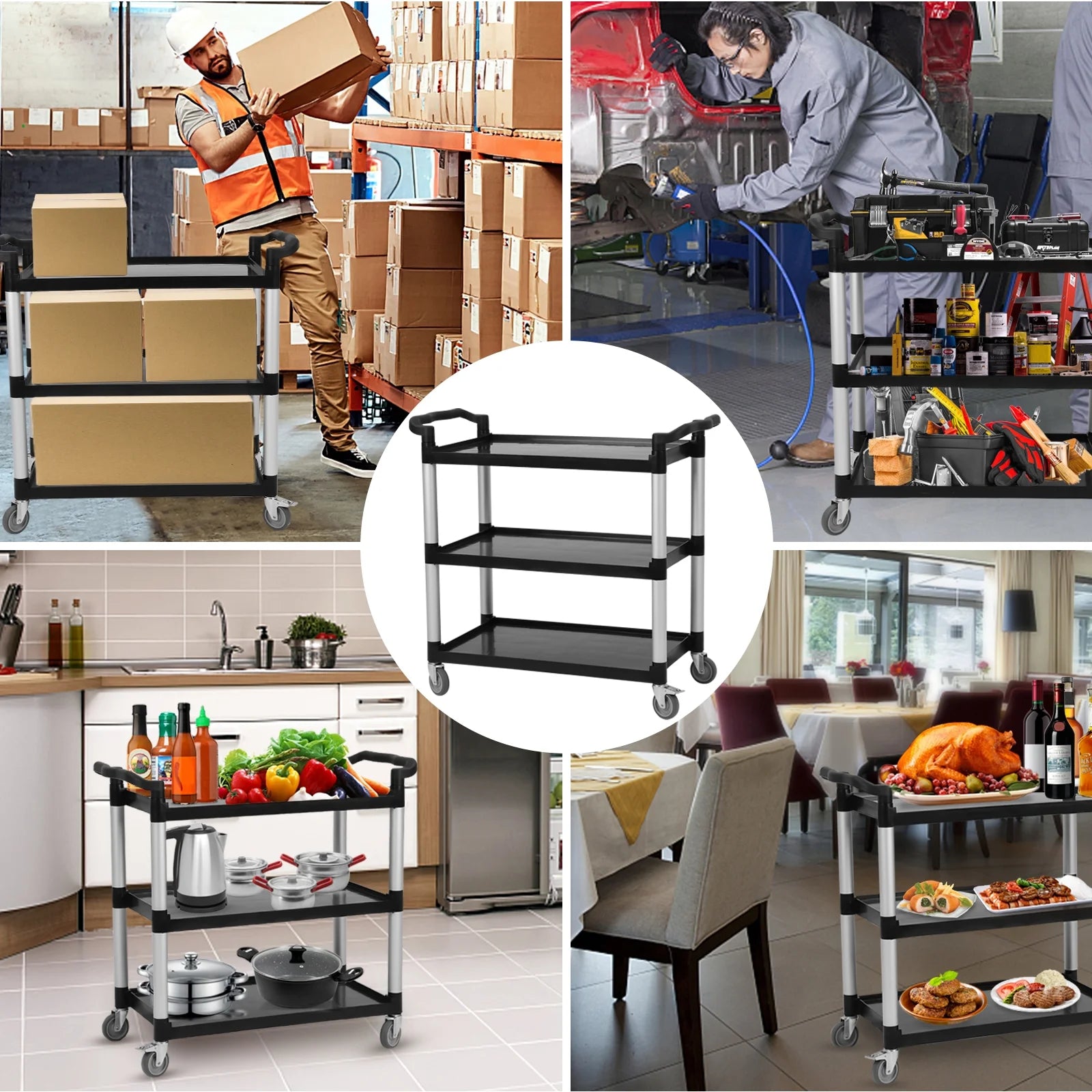 Utility Cart with Lockable Wheels,3-Tier Rolling Cart,360 lb Capacity Heavy Duty Cart for Warehouse,Kitchen,Office,Restaurant,Bathroom,Black