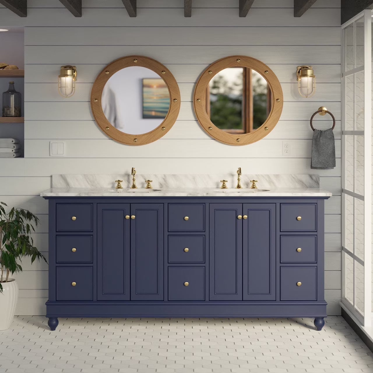 Bella 72" Double Bathroom Vanity with White Cabinet and Carrara Marble Top