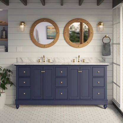 Bella 72" Double Bathroom Vanity with White Cabinet and Carrara Marble Top