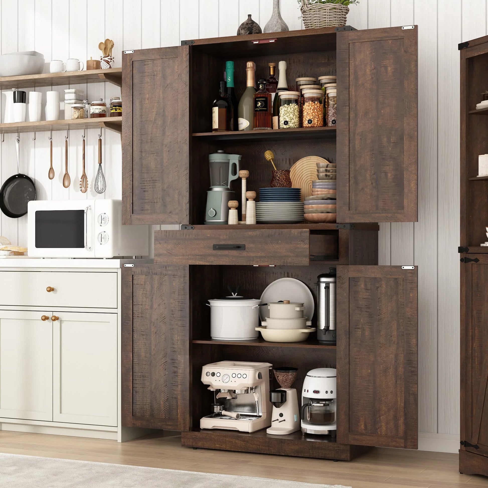 72.4'' Tall Bathroom Storage Cabinet with Drawer & 4 Storage Shelves, Rustic Farmhouse Linen Cabinet with Load-Bearing Steel Pipe & 4 Doors for Bedroom Living Room Kitchen Art/Craft Room