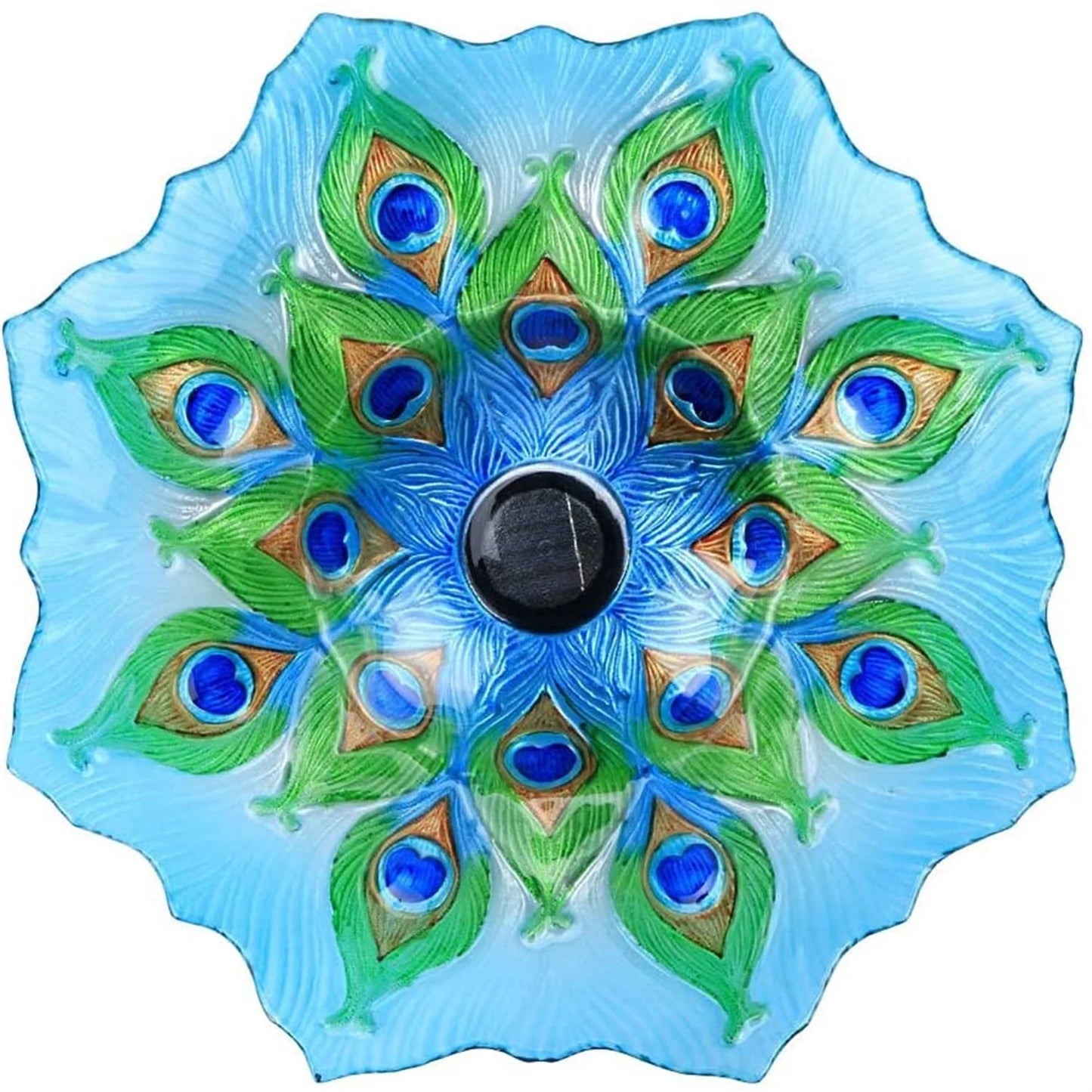 Outdoor Bird Bath with Metal Stand, 21.65" H Peacock Glass Birdbaths with Solar Light for Lawn Yard Garden Decor, 18" Dia