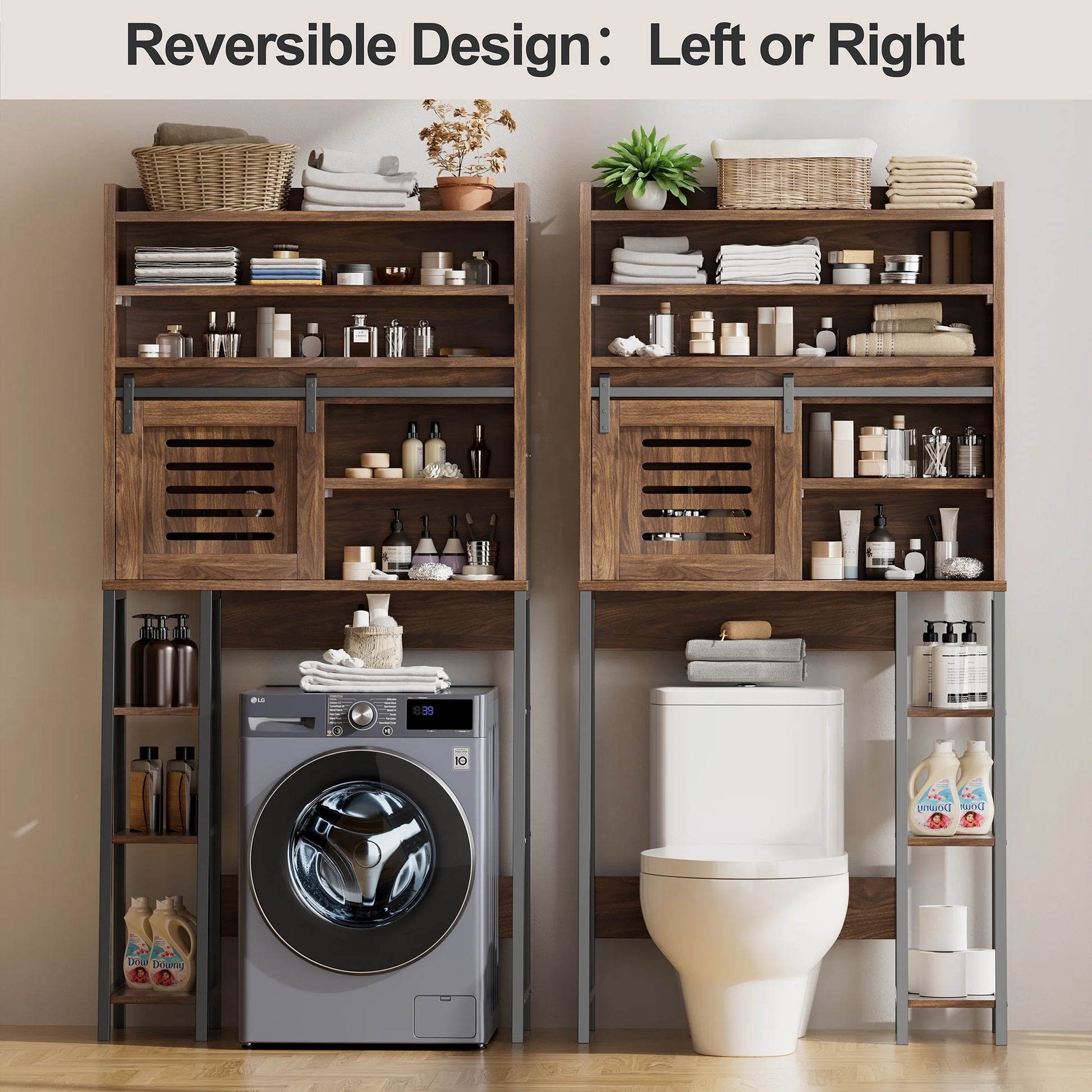 Walsunny Over the Toilet Storage Cabinet with Side Shelves Sliding Door Wooden Shelf Organizer for Restroom Bathroom Laundry,Walnut